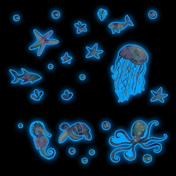 1 Комплект Синьо-Зелени Светещи Стикери За Стена, Медузи, Морска Звезда, Октопод, Светещ Стикер, Стикер на Тапети 