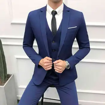 2021 Нов син костюм, мъжки костюми, изработени по поръчка корейски оборудвана мъжки сако, мъжки костюм от три части (яке + панталон + Елек), блейзери за мъже