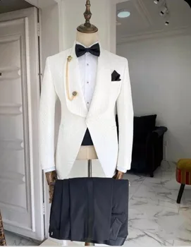 2023 Обичай бели жакард модерен мъжки костюми за сватба, костюм на младоженеца за бала, мъжко сако, смокинг за бизнес партита, якета и панталони от 2 теми