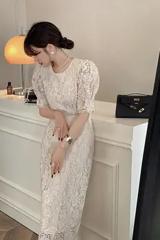 2023, френското елегантна рокля миди с къс ръкав, женски дантелено рокля с цветен модел, Прекрасна реколта корейски рокли с кръгло деколте за партита