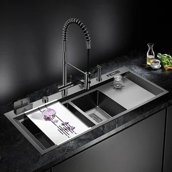 304 Неръждаема стомана голям размер, нанометровая черна двойна кухненска мивка с дебелина 4 мм, дълбочина 220 мм, ръчно изработени Мивки, мивки за измиване на чаши