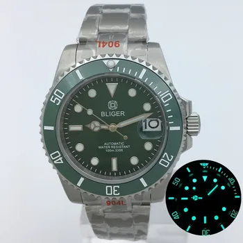 BLIGER 40 мм NH35A PT5000 Зелени мъжки часовник за гмуркане със зелен циферблат, керамични нажежен bezel, Сапфирен кристал, Дата, матиран Oyster каишка