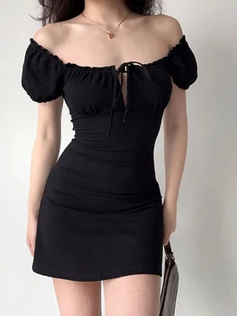 HOUZHOU Секси Черна Рокля, секси Елегантна винтажное рокля с пищни ръкави и Тромаво яка, тънки мини-рокли, корейската мода, отворете лентата