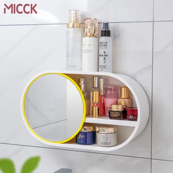 MICCK Калъф за съхранение, Косметичка, куки на стената с огледало за баня, Тоалетни принадлежности, Органайзер за съхранение на Козметиката