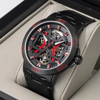 OBLVLO 2021 Нов дизайн Стоманени автоматични часовници Скелетонирующий циферблат Механични часовници с Кожена каишка Водоустойчив часовник от сапфир стъкло