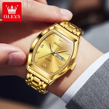 OLEVS 5528 Модни златни мъжки часовник от неръждаема стомана, луксозни бизнес часовници с двойно календар, светещи водоустойчив мъжки кварцов часовник
