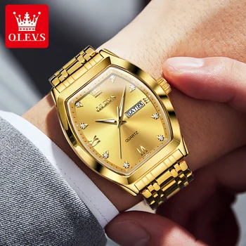 OLEVS 5528 Модни златни мъжки часовник от неръждаема стомана, луксозни бизнес часовници с двойно календар, светещи водоустойчив мъжки кварцов часовник