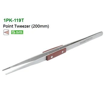 Pro sKit 1PK-119T Дървена Дръжка От неръждаема Стомана, Удлинительный Пинсети С Острия Тънък Фитил, Висококачествен Набор от Прецизни Пинцетов (200 mm)