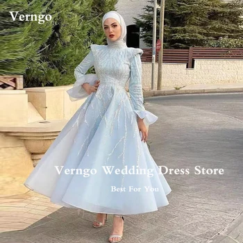 Блестящи сини мюсюлмански рокли за бала Verngo с висока яка и дълъг ръкав, бродирани с мъниста, арабски вечерни рокли от Дубай, вечерни дрехи от органза