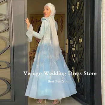 Блестящи сини мюсюлмански рокли за бала Verngo с висока яка и дълъг ръкав, бродирани с мъниста, арабски вечерни рокли от Дубай, вечерни дрехи от органза