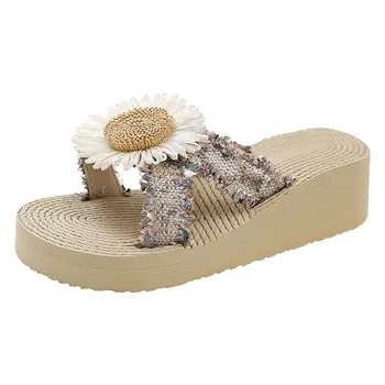 Богемные плажни чехли за жени, летни сламени джапанки с цветя модел, леки Джапанки с клипсами, сандали с дебела подметка 2023