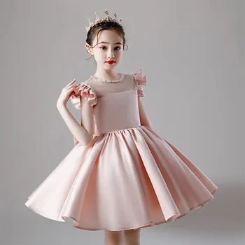 Вечерна розова сватбена рокля за момичета, детски елегантна празнична рокля трапецовидна форма, добре облечени дрехи принцеса на бала