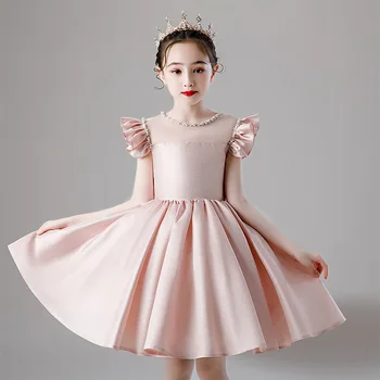 Вечерна розова сватбена рокля за момичета, детски елегантна празнична рокля трапецовидна форма, добре облечени дрехи принцеса на бала