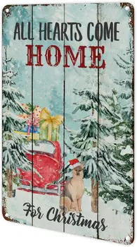 Всички сърца се връщат у дома за Коледа, Реколта метална табела в фермерска къща, боядисани стени, Коледна куче лабрадор, метална лидице знак Vintageg