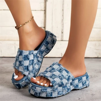 Дамски летни обувки на платформа, дизайнерски модни каре дънкови джапанки, чубрица вечерни обувки на висок ток в римски стил, директна доставка