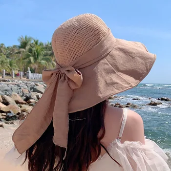 Дамски модни плажни шапки с лък, лятна солнцезащитная шапка с защита от uv, Рибарска шапка с дълги широки поля, Дамски Градинска дишаща Панама-кофа