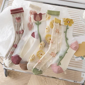 Дамски прозрачни копринени чорапи с бродерия и кристали, еластични къси чорапи с цветен модел на лале, тънки летни чорапи в стил Kawai в ретро стил Лолита