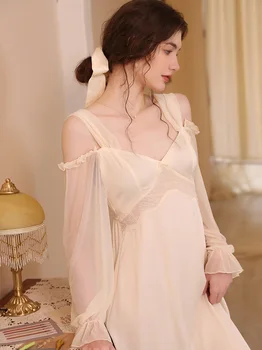 Дамски френска пролетно-лятна коприна нощница с открити рамене, окото пижама с дълъг ръкав, страхотна романтична секси пижами, домашно облекло