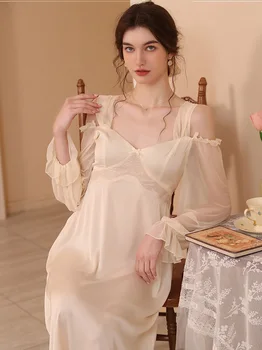 Дамски френска пролетно-лятна коприна нощница с открити рамене, окото пижама с дълъг ръкав, страхотна романтична секси пижами, домашно облекло
