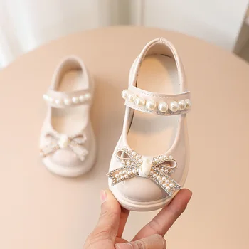 Детски Модни Обувки, обувки на Принцесата от Изкуствена Кожа с Перлата на Носа и Възел за момичета, Детски Обувки с Пеперуда, zapatos niña, дизайнерски обувки