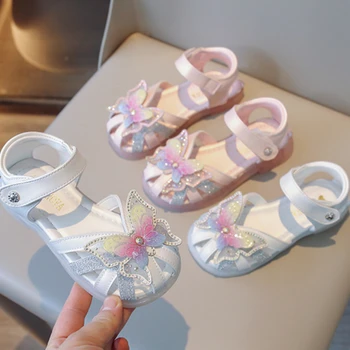 Детски сандали със затворени пръсти, ежедневни дишаща отворена обувки, лятна детски обувки с блестящи лък за момичета, 2023 Нови детски плажни сандали