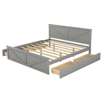 Дървено легло-платформа с четири чекмеджета за съхранение и звена крака от бор, издръжлив рамка, лесно за монтаж, сиво леглото кралски размер