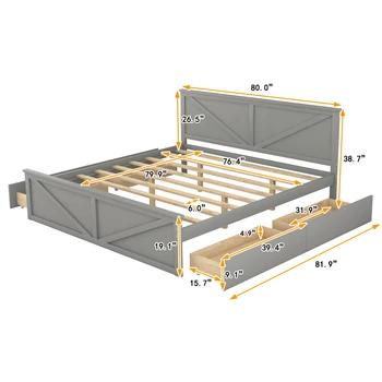 Дървено легло-платформа с четири чекмеджета за съхранение и звена крака от бор, издръжлив рамка, лесно за монтаж, сиво леглото кралски размер
