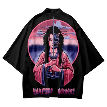 Ежедневни мъжки и дамски ризи-жилетки Haori 2023, Модерен японски кимоно-юката с принтом Маска на Демон, Върховете оверсайз