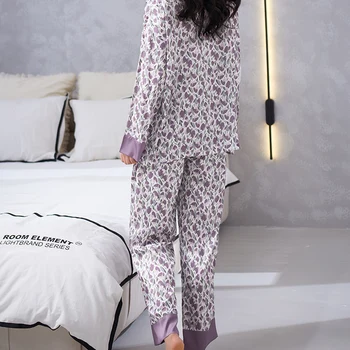 Елегантен пижамный комплект с цветен модел, жена сатен, пижамный топ копчета с дълъг ръкав и пижамные панталони с еластичен колан