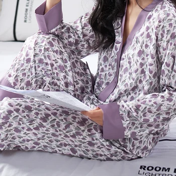 Елегантен пижамный комплект с цветен модел, жена сатен, пижамный топ копчета с дълъг ръкав и пижамные панталони с еластичен колан