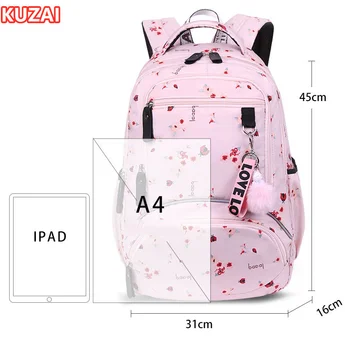Жена училище раница KUZAI Cherry blossoms, черна и розова чанта за книги с цветен модел, модерни училищни чанти за момичета, скъпа чанта за книги с цветен модел