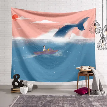 Кавайный гоблен с китове и морето, стенен детски цветен интериор в бохемски стил хипи, детска стая, спалня за момичета, домашен декор