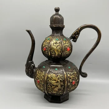 Коллекционируйте китайски античен месинг позлатен ахат със златна инкрустация, изваяни орнаменти ръчно изработени 