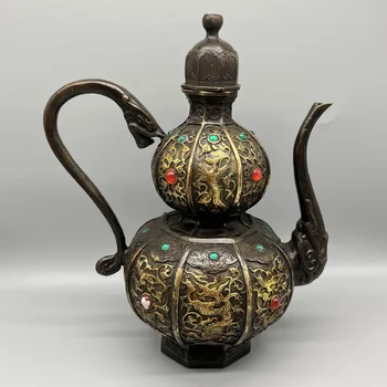 Коллекционируйте китайски античен месинг позлатен ахат със златна инкрустация, изваяни орнаменти ръчно изработени 