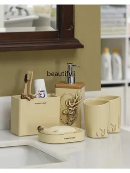 Комплект за баня от пет елементи от смола yj в американския ретро-стил, набор от тоалетни принадлежности, чаша за вода, държач за четка за зъби