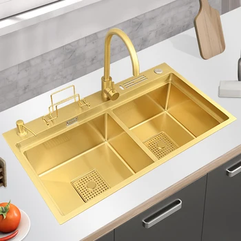 Кухненска мивка от злато 304 неръждаема стомана, многофункционални големи кухненски принадлежности с един слот с дебелина 3.0 мм