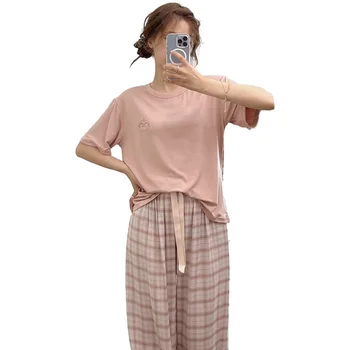 Лятна японската пижама с Къс ръкав, Меки модални пижамные комплекти, дамски пижами, клетчатая нощница, свободна ежедневни домашно облекло