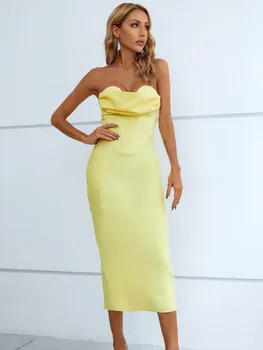 Лятното Модно Дамско Секси бандажное рокля Midi без презрамки с отворен гръб и накъдрен жълт цвят 2022, елегантна вечерна рокля за парти в клуб