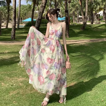 Лятото-Секси дълга рокля, френски Елегантна каишка-прашка с къдри, с разпокъсани цветен модел, Марлевое рокля с отворен гръб