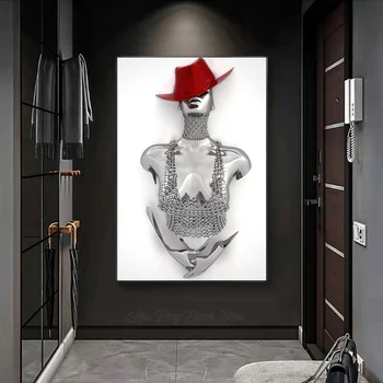 Метална фигурка с 3D ефект, Червена шапка, текстурирана платно с пайети, абстрактни плакати и щампи, Подарък за Свети Валентин, стенно изкуство, начало декор