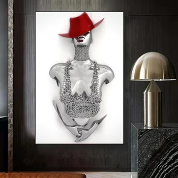 Метална фигурка с 3D ефект, Червена шапка, текстурирана платно с пайети, абстрактни плакати и щампи, Подарък за Свети Валентин, стенно изкуство, начало декор