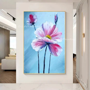 Пейзаж голям размер, розово цвете, син пейзаж, картина с маслени бои върху платно, модерна текстурирани живопис ръчно изработени, абстрактна живопис, подарък