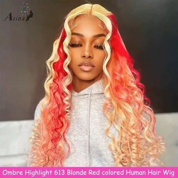 Перука от човешка коса Омбре Highlight 613 Перуки на съвсем малък отпред за черни жени бразилски без перука, с дълбока вълна на 13 × 4 на съвсем малък отпред и червен цвят