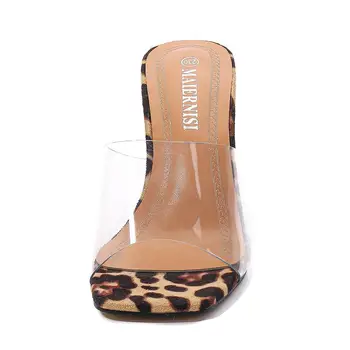 Прозрачни чехли с леопардовым модел на ремешке, дамски джапанки и без закопчалка с животински щампи, джапанки от прозрачно стъкло, дамски обувки на много високи токчета