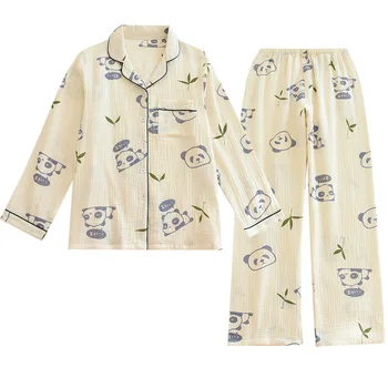 Пролетно пижама от 100% памук с дълъг ръкав, дамски пижама с анимационни герои, домашно облекло от крепа, пижами по-големи размери, дамски домашни дрехи