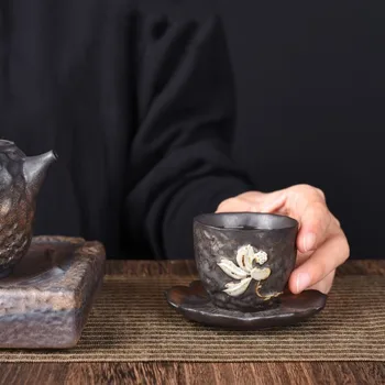 Реколта позлатени чаени чаши Sense, китайски чай кунг-фу, лична чаена съдове за пиене, аксесоари, керамични японски чай за дома, лампа за чай
