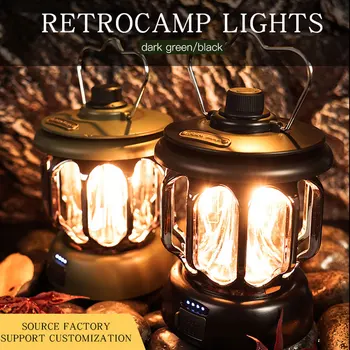 Ретро Преносим Фенер за къмпинг, Акумулаторна Лампа, окачена лампа, Външната лампа, домакински, 3 Режима, фенерче с регулируема яркост с USB
