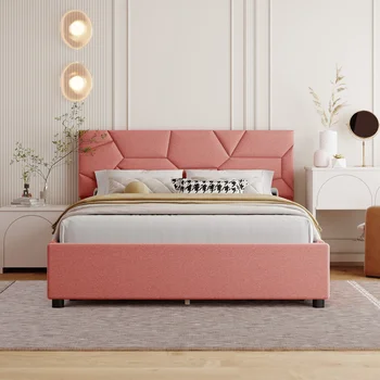 Розова пълен размер Меко легло на платформата с лице на модел и 4 чекмеджета, Бельо плат, за вътрешната мебелировка за спални