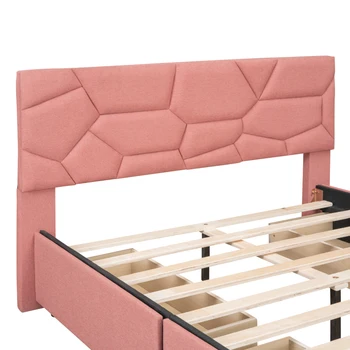 Розова пълен размер Меко легло на платформата с лице на модел и 4 чекмеджета, Бельо плат, за вътрешната мебелировка за спални