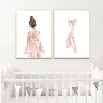 Розова рокля с принтом, картина в скандинавски стил, декорация за деца, украса на стаята и балерина за момичета, Детски кът, монтиране на изкуството, платно, плакат